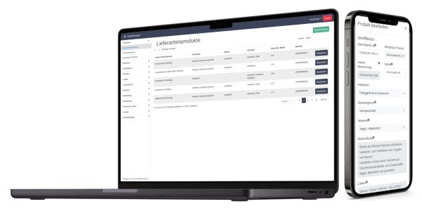 Abbildung einer Ansicht der Warenwirtschaft auf einem Laptop und einem Smartphone